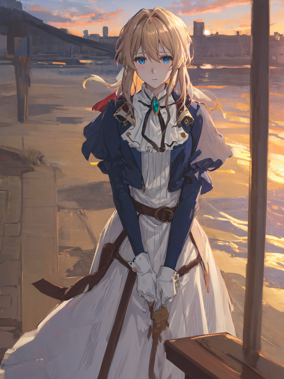 00241-2676734283-1girl, sunset, brooch, violet_evergarden, solo, jewelry, blonde_hair, long_sleeves, ribbon, blue_eyes, jacket, dress, gem, hair_.png